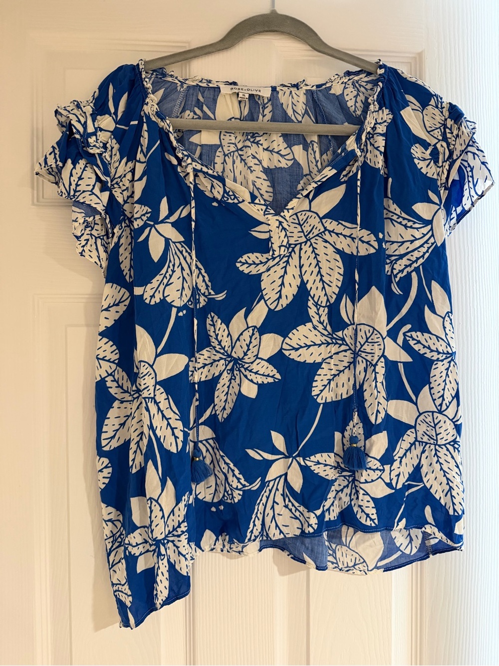 Rose & Olive Blue Floral Tie-Neck Peasant Blouse